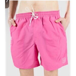 Mens Pink Swim Shorts With Elastic Waist & Drawstring 6.5" Inseam Omkuro Logo Li